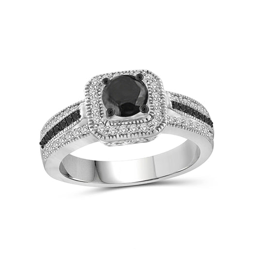 1 Carat T.W. Black & White Diamond Sterling Silver Square Halo Ring